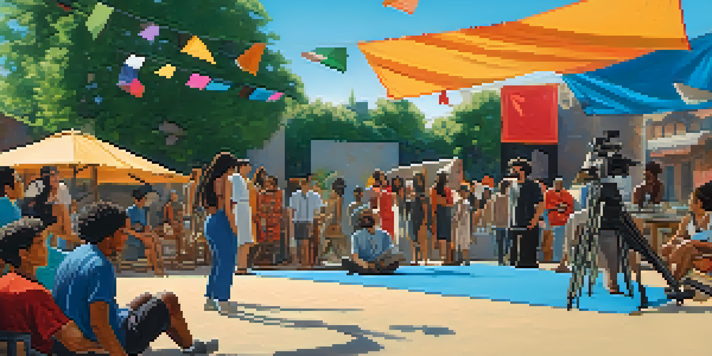 A diverse group of filmmakers and actors working together on a sunny film set with colorful cultural banners.