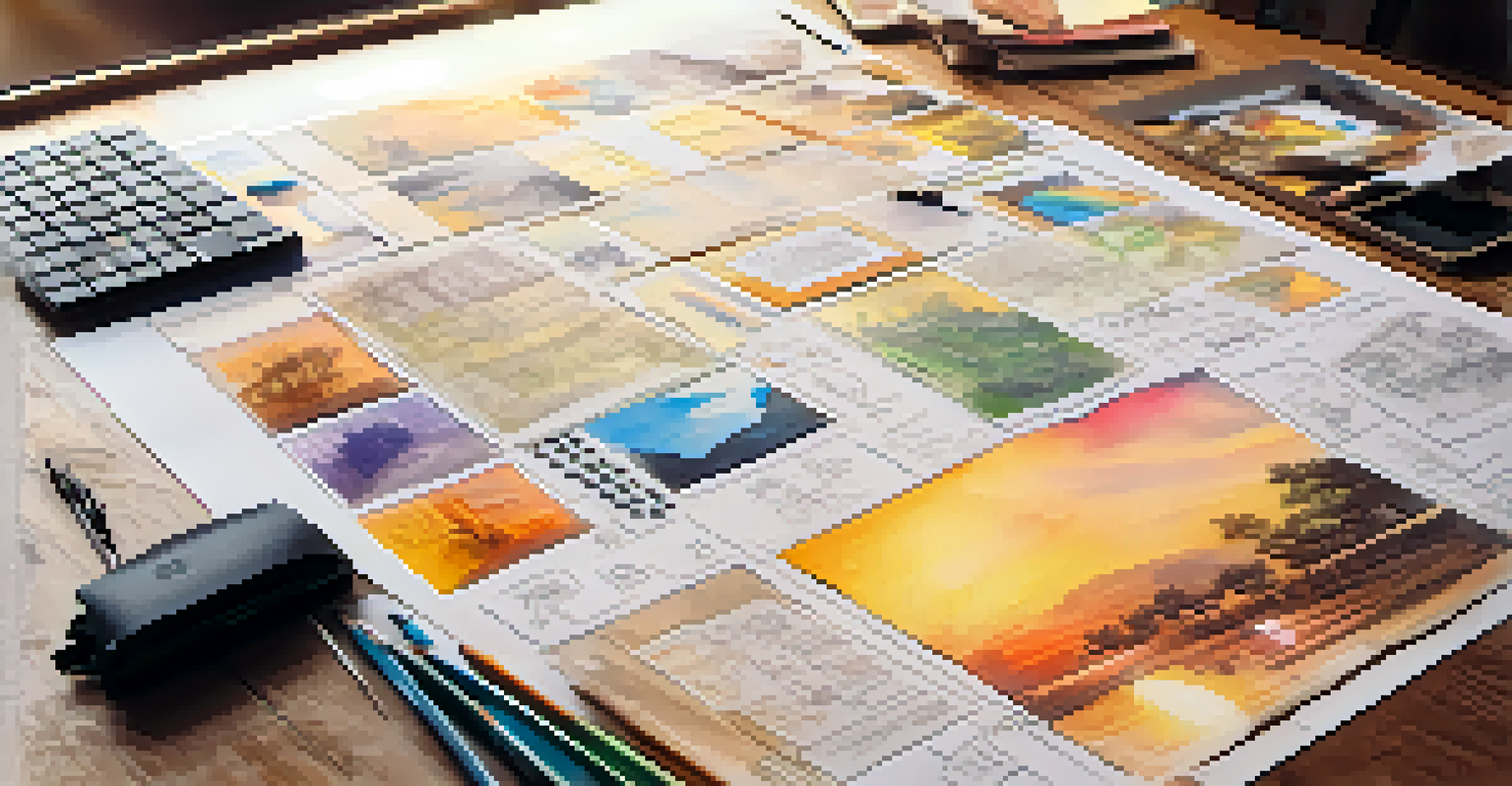 An overhead view of a colorful storyboard and editing tools on a wooden table, illuminated by sunlight.