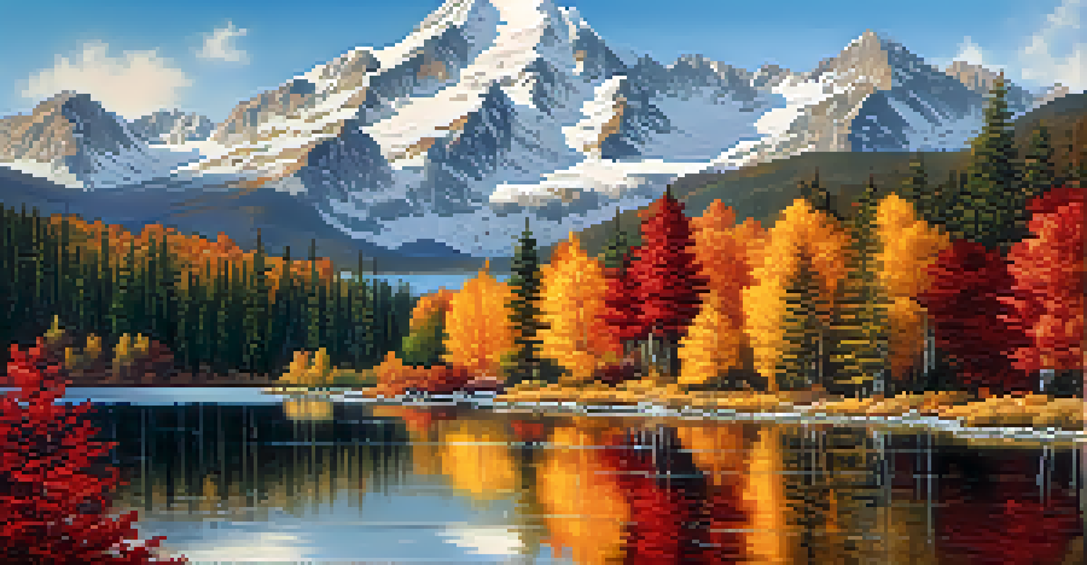 A mountain landscape in autumn with colorful trees and a reflective lake.