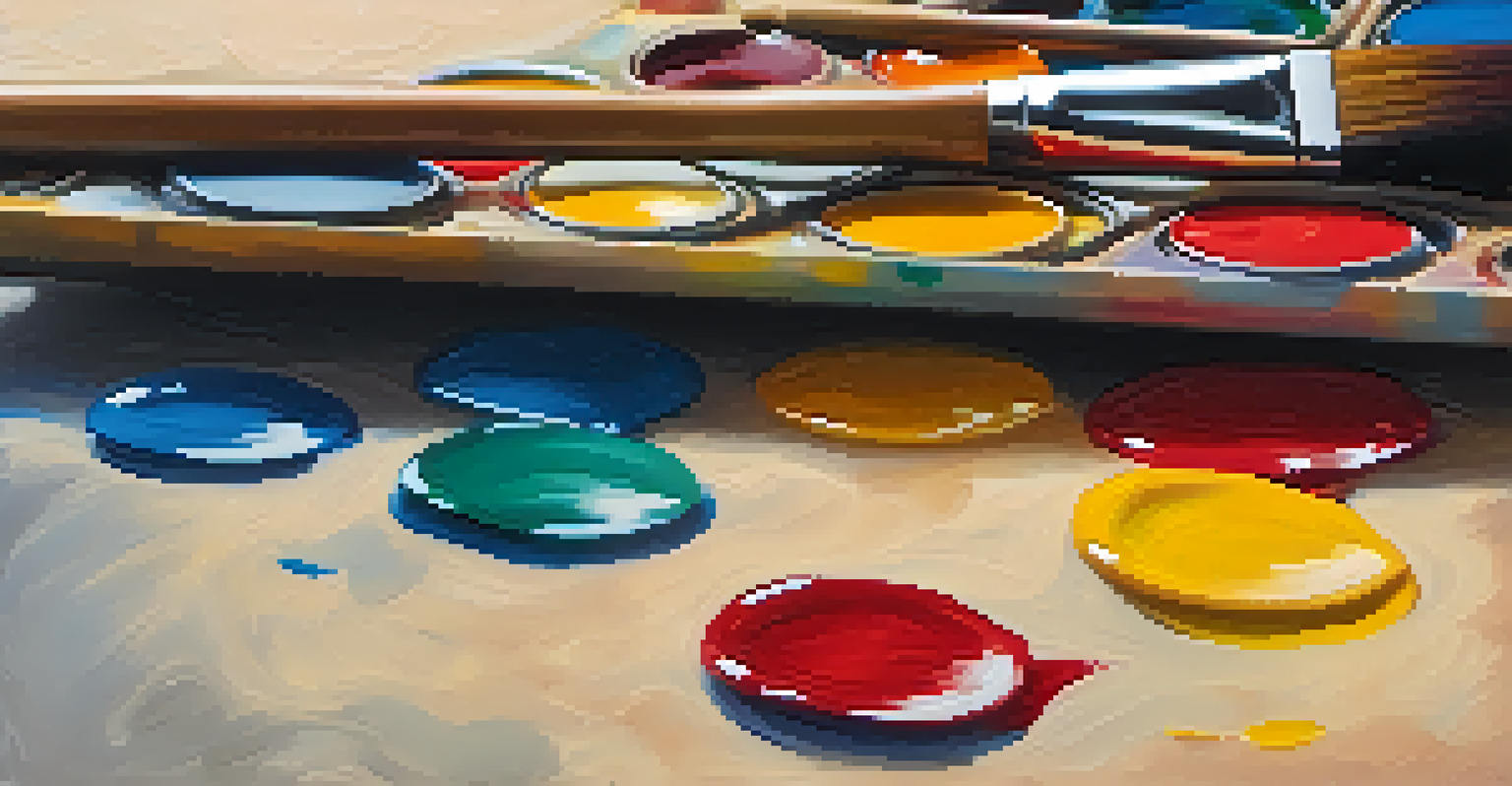A close-up of a colorful painter's palette with various paint colors and a brush.