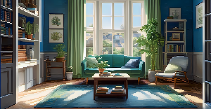 A tranquil room with blue and green walls, a comfortable armchair, a bookshelf, and natural light coming through a window.