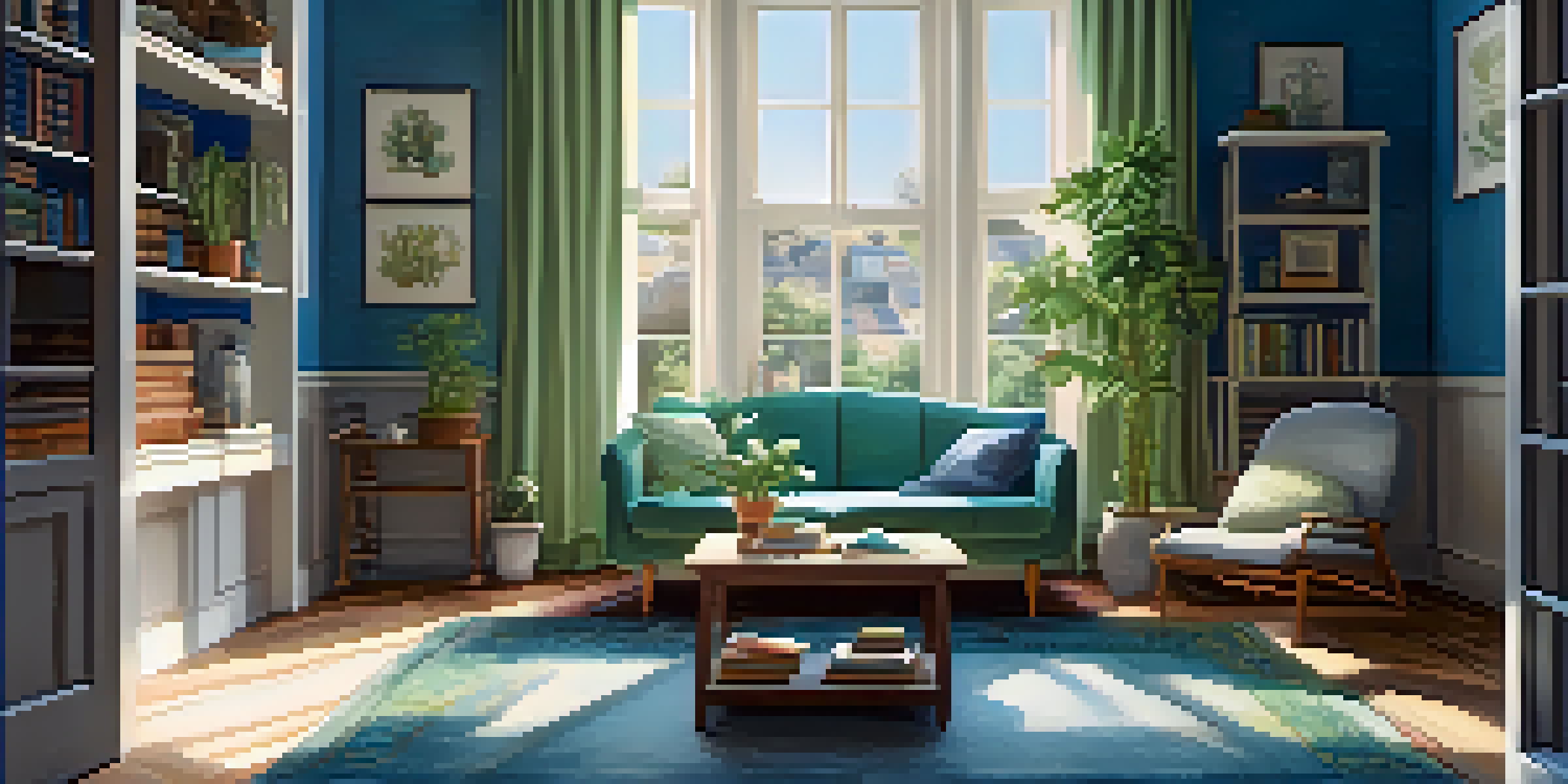 A tranquil room with blue and green walls, a comfortable armchair, a bookshelf, and natural light coming through a window.