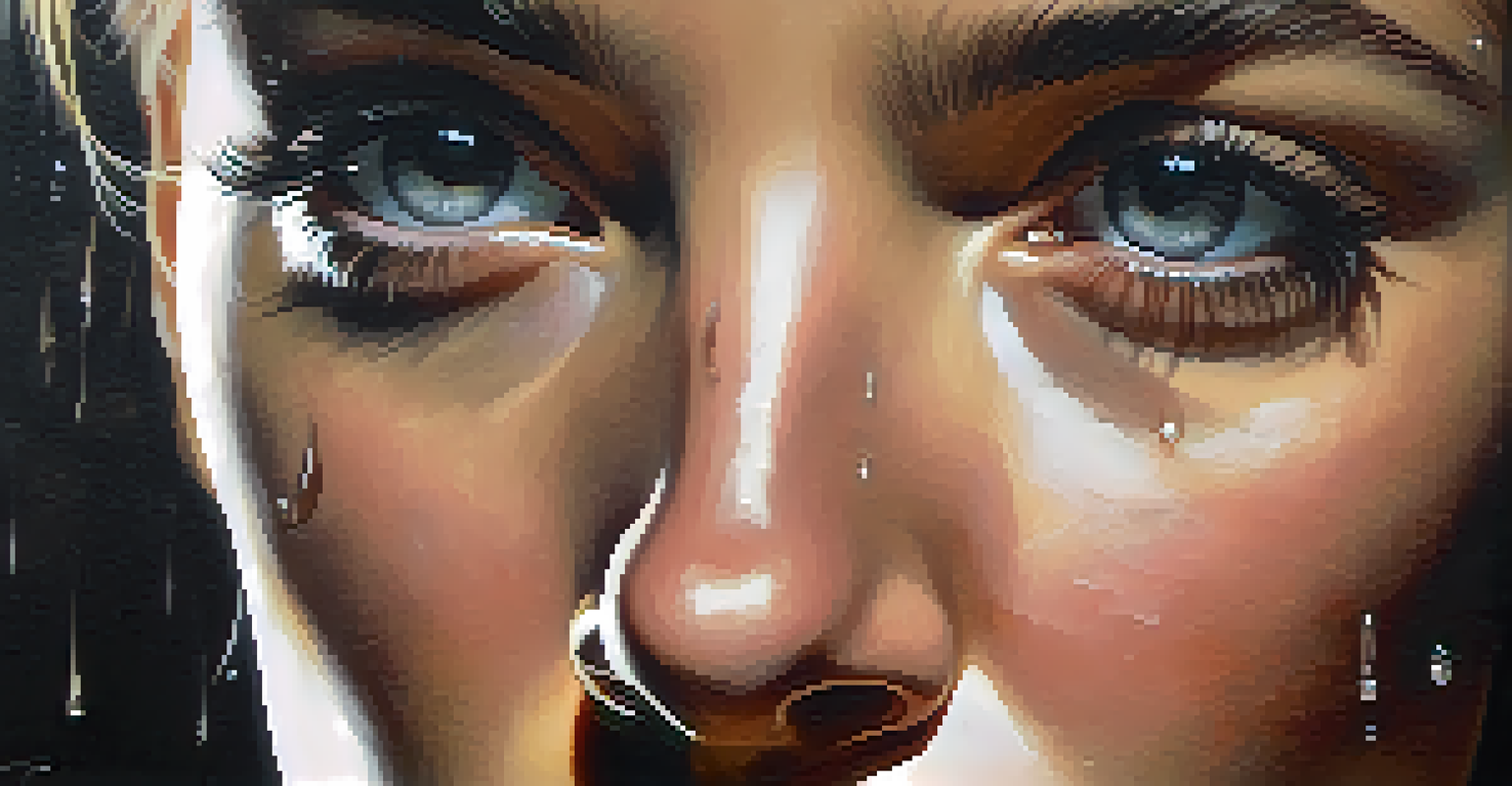A close-up of a character's emotional face, capturing tears and deep feelings in dramatic lighting.