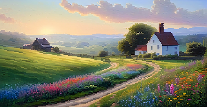 A peaceful countryside at dawn with green hills, a dirt path, a farmhouse, and blooming wildflowers.