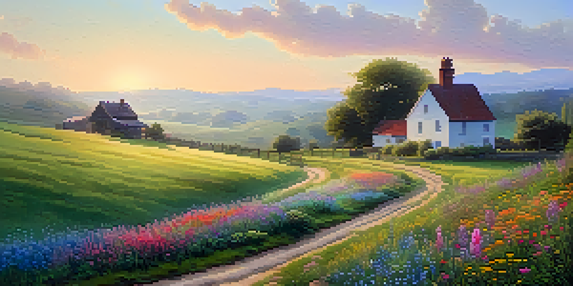A peaceful countryside at dawn with green hills, a dirt path, a farmhouse, and blooming wildflowers.