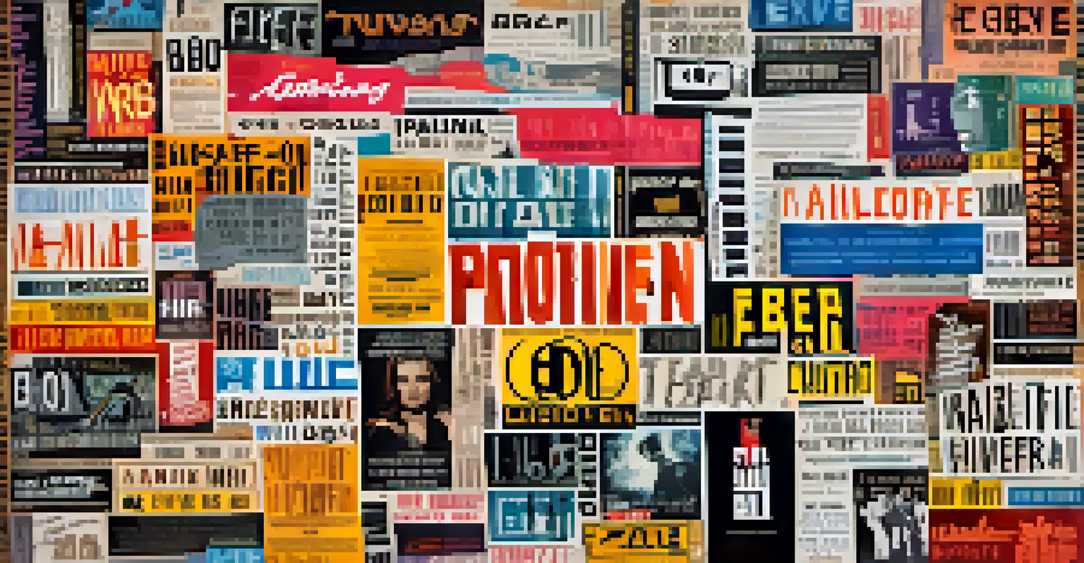 An artistic collage of iconic movie quotes with various fonts and colorful illustrations of film scenes in the background.
