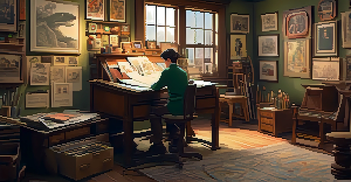 A vintage animation studio with an artist drawing at a wooden desk, surrounded by hand-drawn frames and warm lighting.