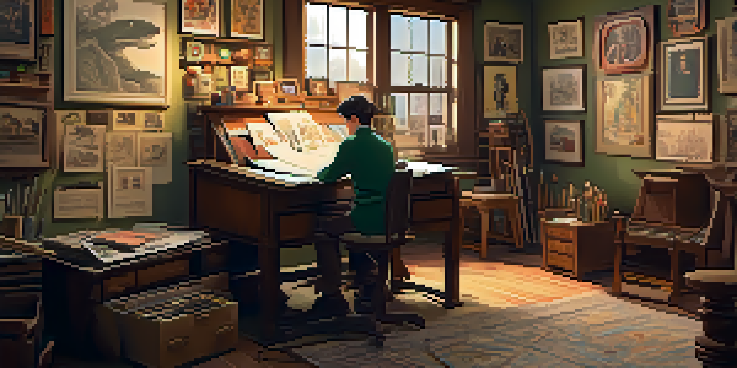 A vintage animation studio with an artist drawing at a wooden desk, surrounded by hand-drawn frames and warm lighting.