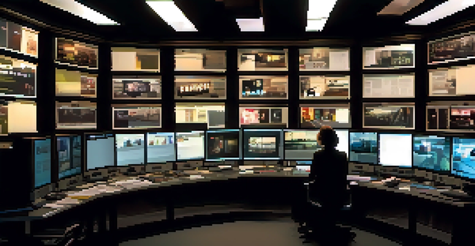A film editor, a middle-aged woman with glasses, is working in a dimly lit editing suite filled with movie posters and multiple screens showing clips.