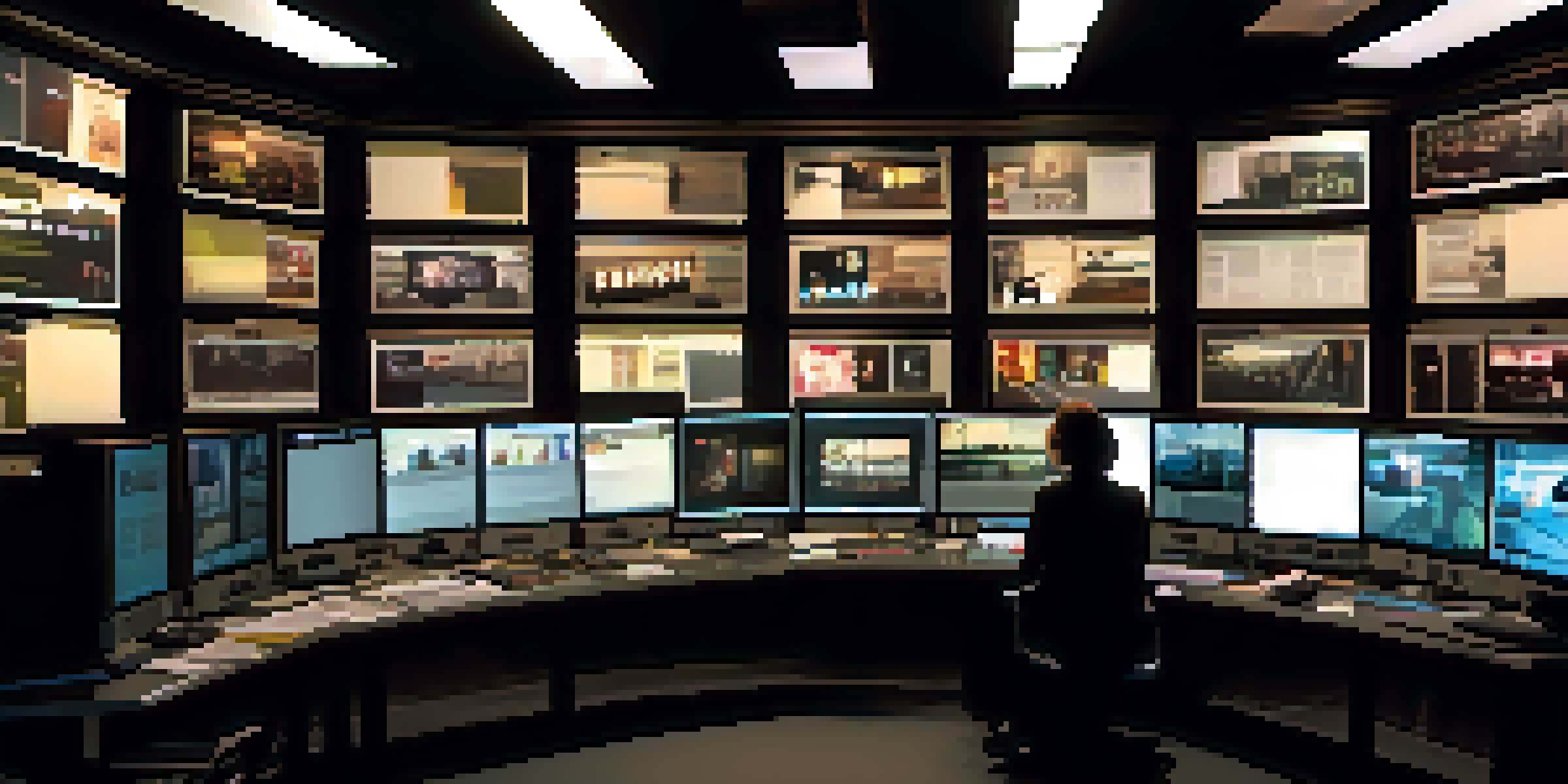 A film editor, a middle-aged woman with glasses, is working in a dimly lit editing suite filled with movie posters and multiple screens showing clips.