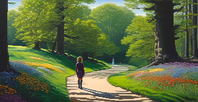 A character standing at a crossroads, with one path leading into a dark forest and the other to a sunny meadow, symbolizing confusion and clarity.