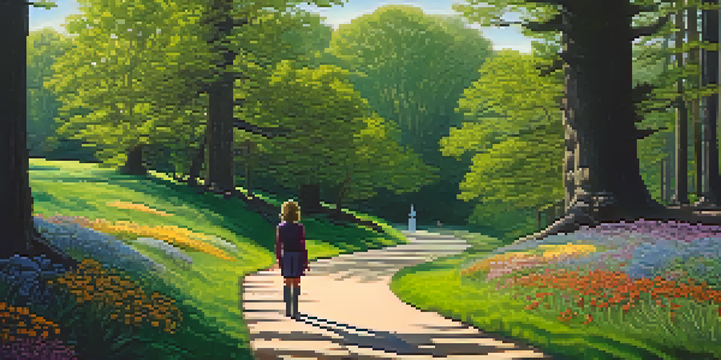 A character standing at a crossroads, with one path leading into a dark forest and the other to a sunny meadow, symbolizing confusion and clarity.