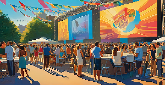 A lively film festival with diverse people gathered around outdoor screens, discussing films under a clear sky.