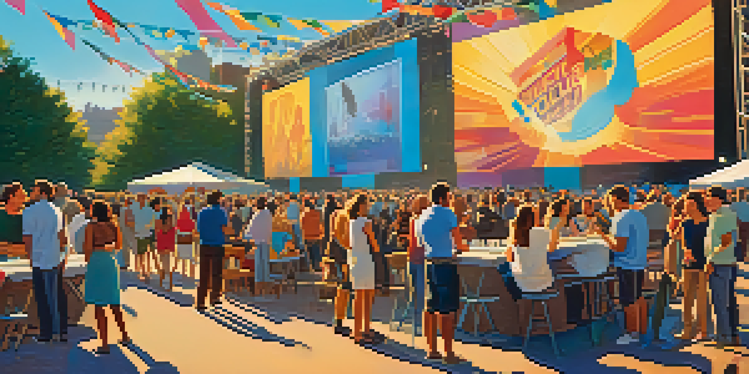 A lively film festival with diverse people gathered around outdoor screens, discussing films under a clear sky.