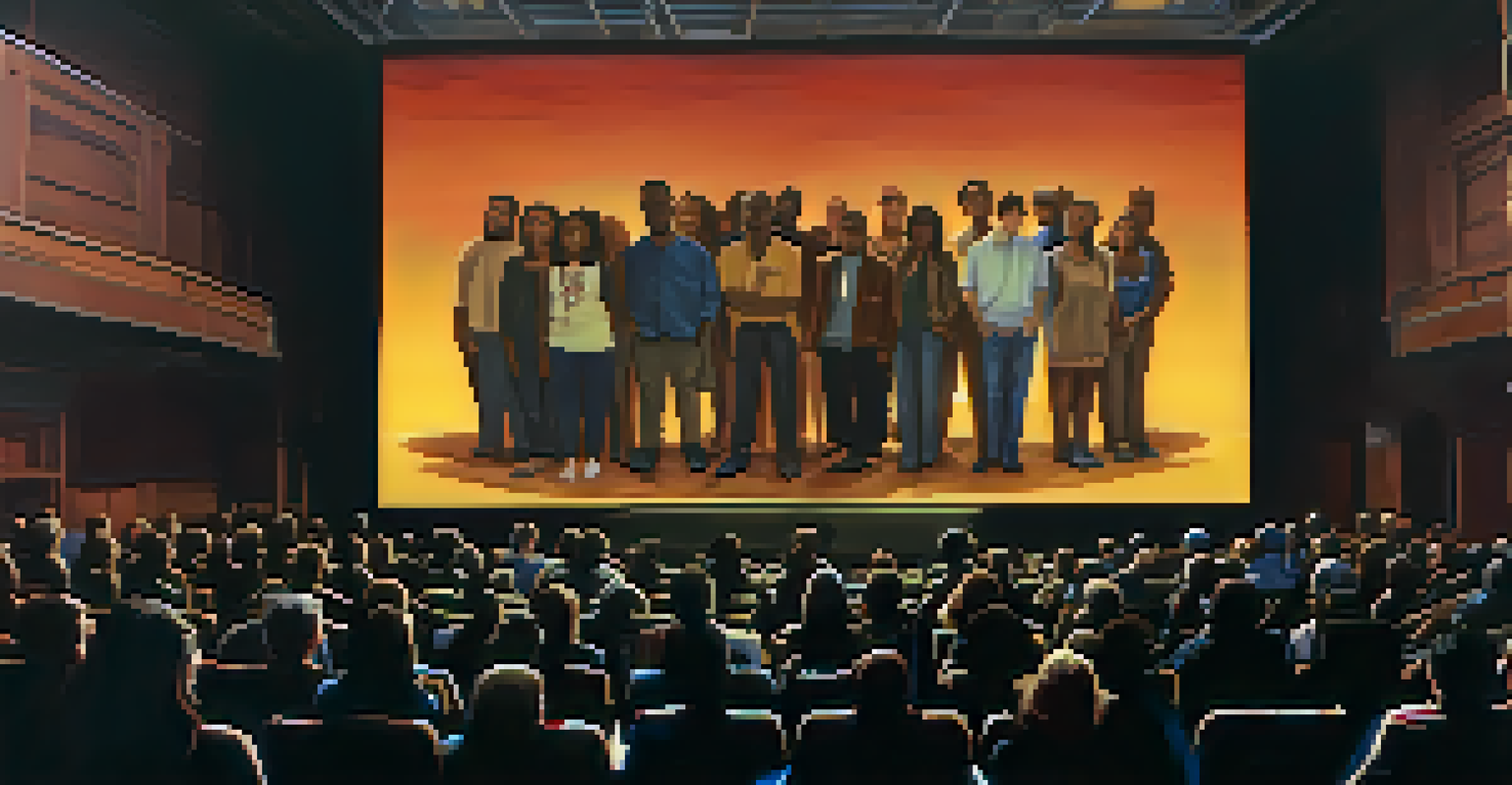 A close-up of a movie screen displaying powerful imagery from a social justice documentary, with an engaged audience in the foreground.