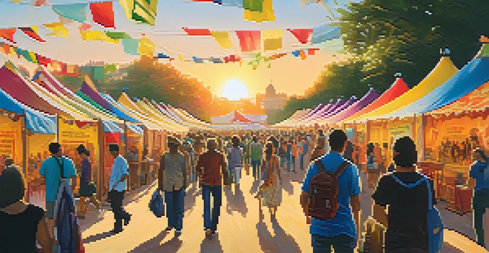 A lively international film festival scene with diverse attendees, colorful tents, and sunset lighting.