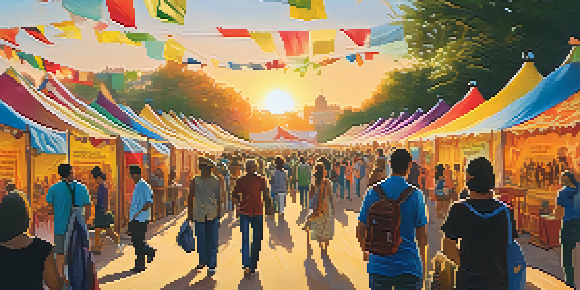 A lively international film festival scene with diverse attendees, colorful tents, and sunset lighting.