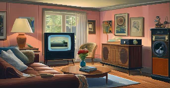 A warm and cozy 1980s living room filled with retro furniture, a vintage lamp, and an old television. Family photos are on the walls, and a record player is in the corner, enhancing the nostalgic atmosphere.