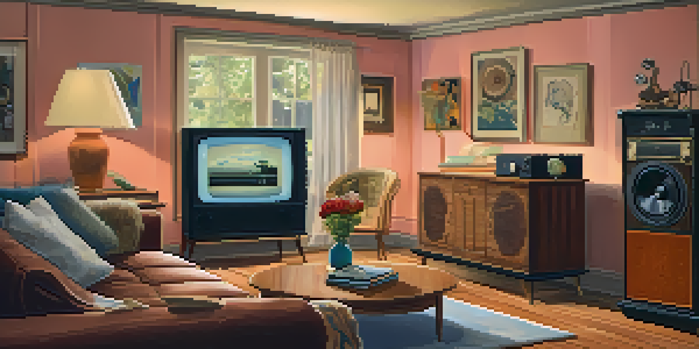 A warm and cozy 1980s living room filled with retro furniture, a vintage lamp, and an old television. Family photos are on the walls, and a record player is in the corner, enhancing the nostalgic atmosphere.