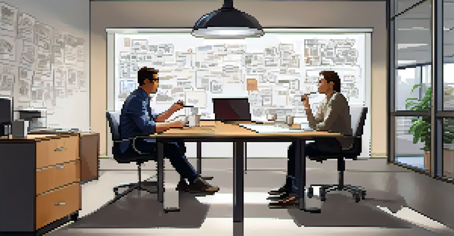 A director and a screenwriter discussing ideas over a table filled with storyboards and coffee cups in a modern office.