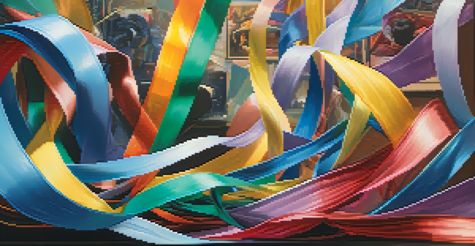 An artistic representation of film editing's emotional journey with a flowing ribbon of images and abstract colors.