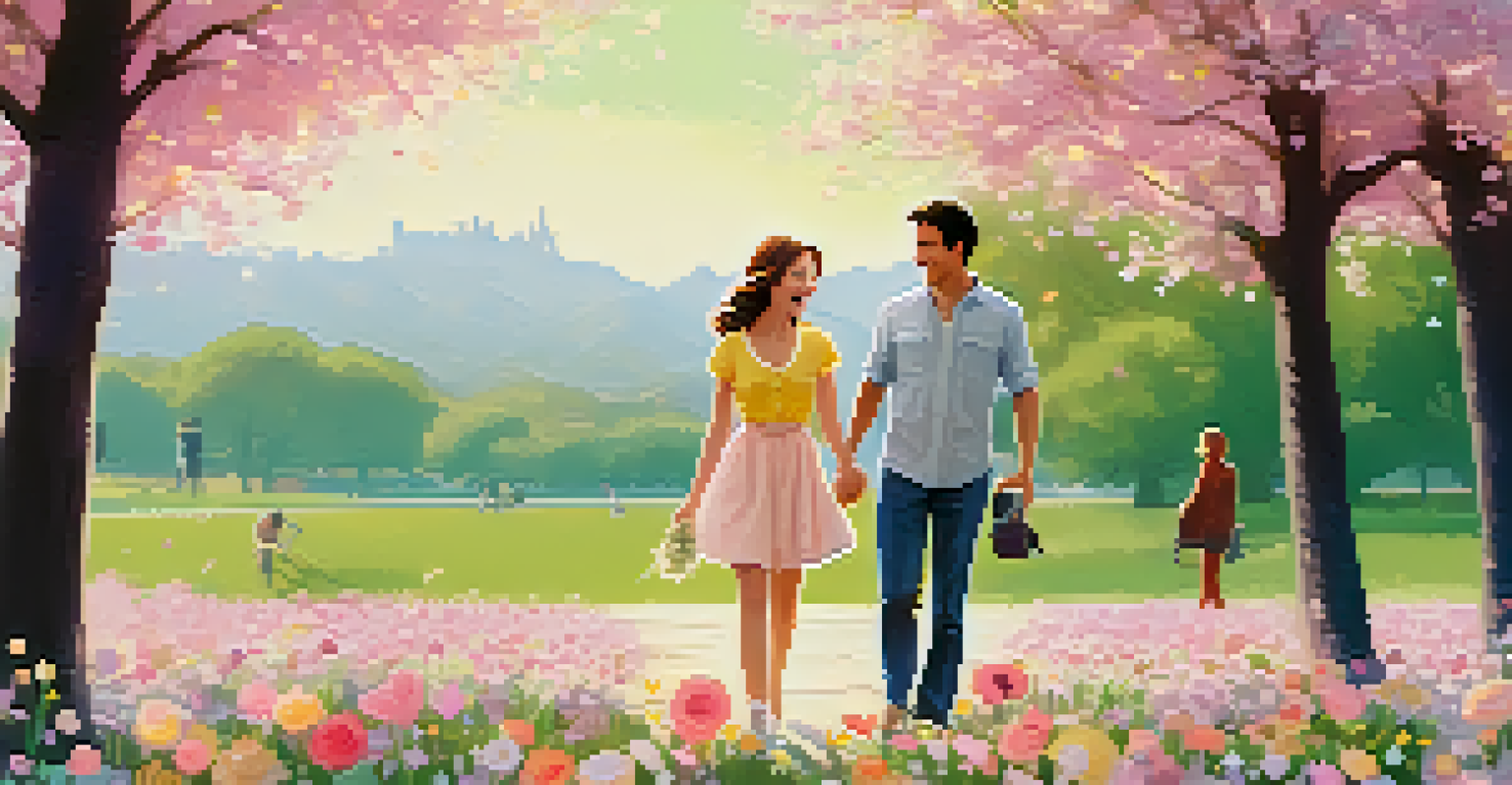 A lighthearted romantic comedy poster showing a couple laughing in a flower-filled park during springtime.