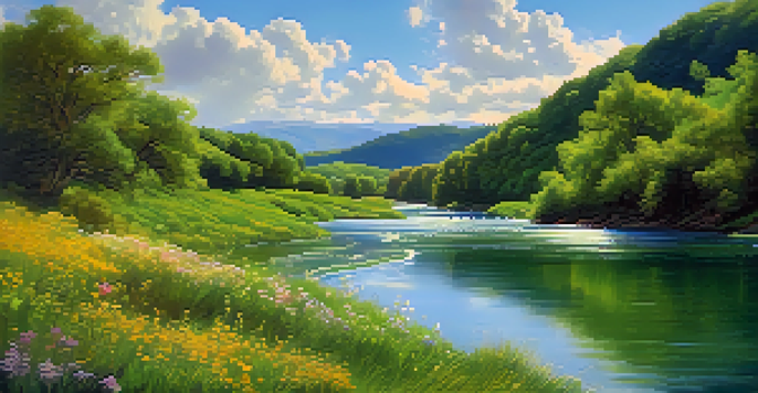 A winding river in a green valley with colorful wildflowers and a bright blue sky.