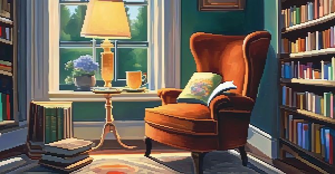 A cozy reading nook featuring a vintage armchair, colorful books, a warm lamp, and a cup of tea on a side table.