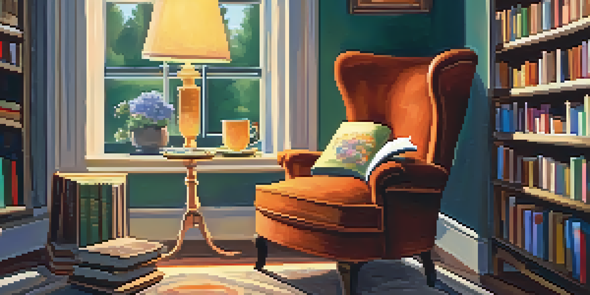 A cozy reading nook featuring a vintage armchair, colorful books, a warm lamp, and a cup of tea on a side table.