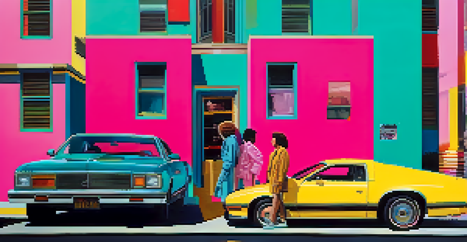 Artistic representation of iconic cult classic films from the 1980s, with character silhouettes and colorful abstract elements.