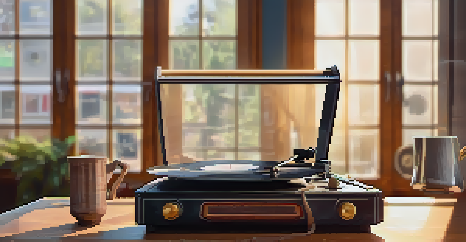 A vintage vinyl record player on a wooden table with scattered records and a cup of coffee, illuminated by soft sunlight.