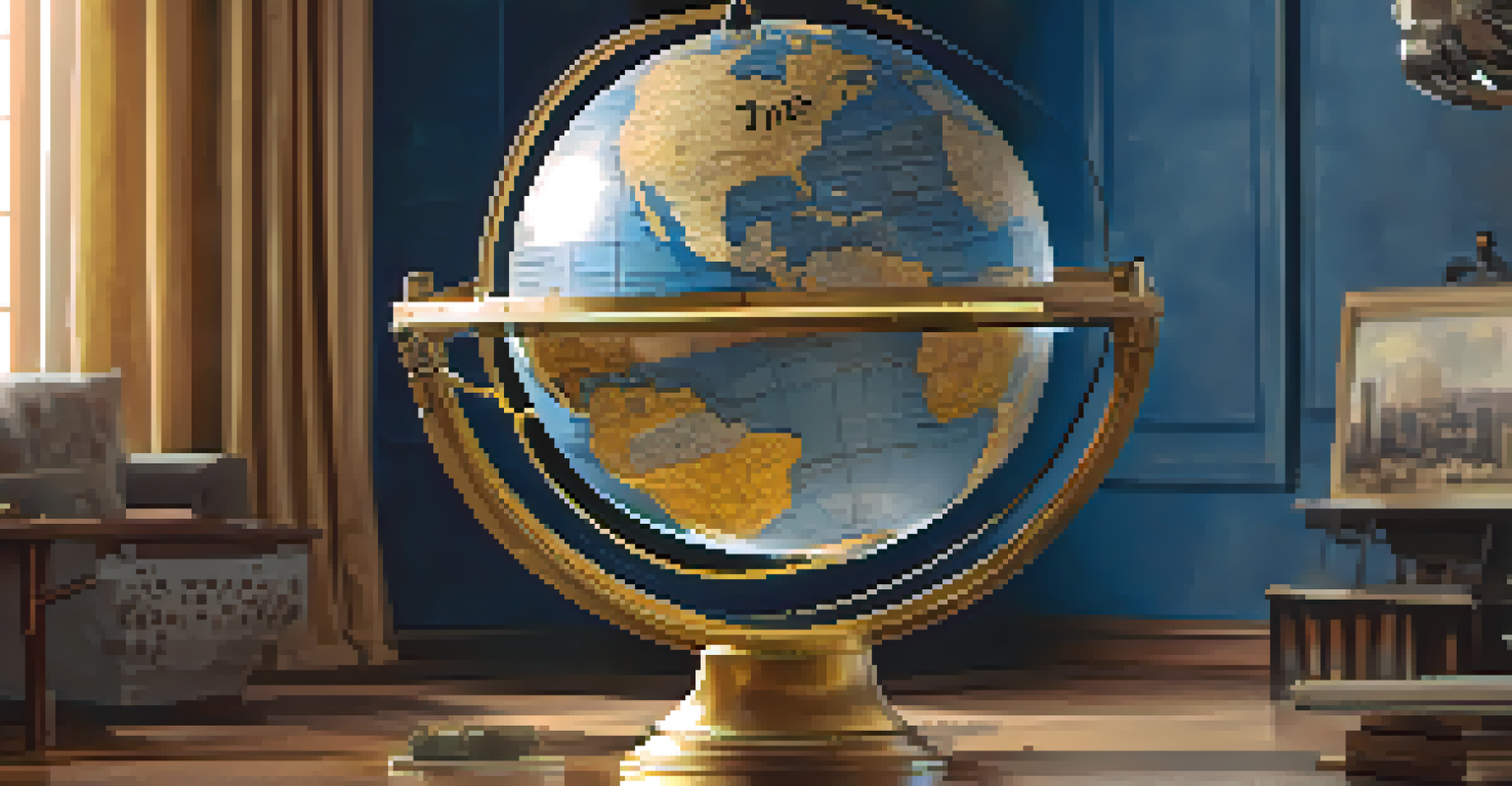 A film reel transforming into a globe, representing the global impact of cinema, with iconic landmarks and warm lighting.