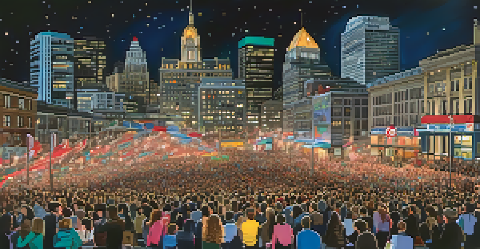 A night view of Montreal's skyline with the film festival logo on a building, and people enjoying the event below.