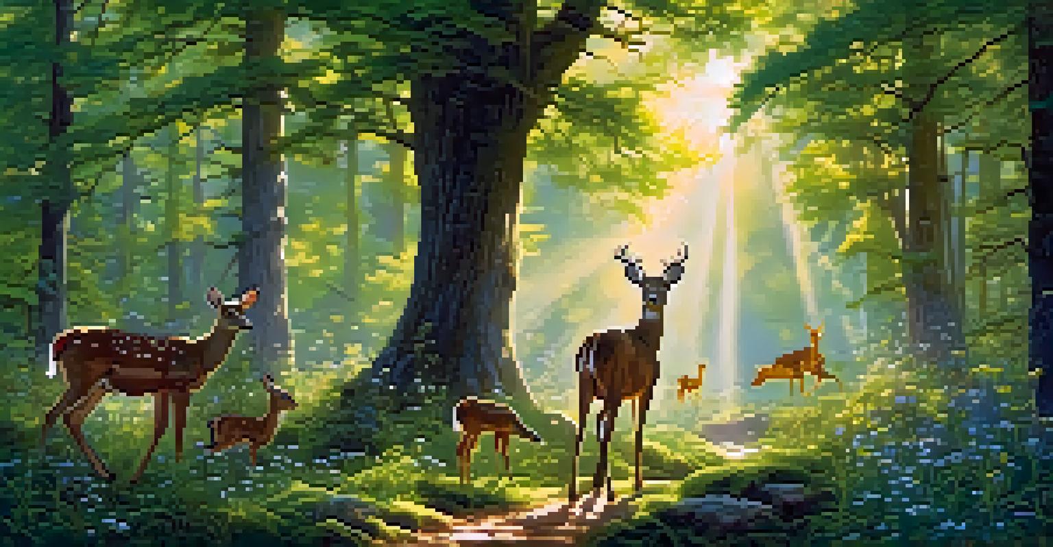 A peaceful forest scene with deer, birds, and sunlight filtering through trees, surrounded by wildflowers.