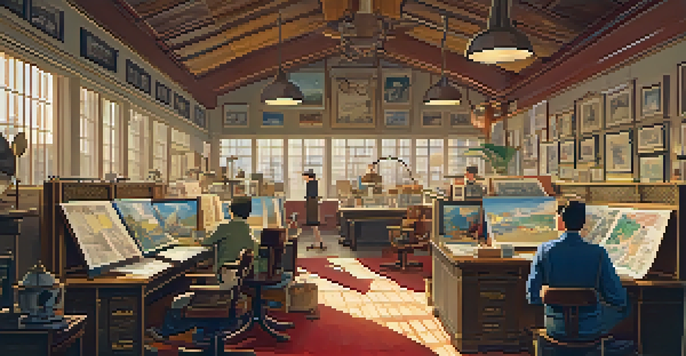 A vintage animation studio from the 1930s with animators and sketches of iconic characters.