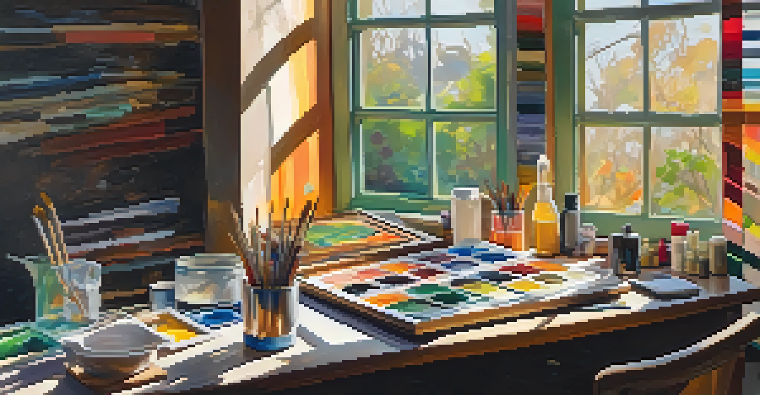 An artist's workspace filled with palettes and brushes, featuring a colorful abstract painting illuminated by sunlight.