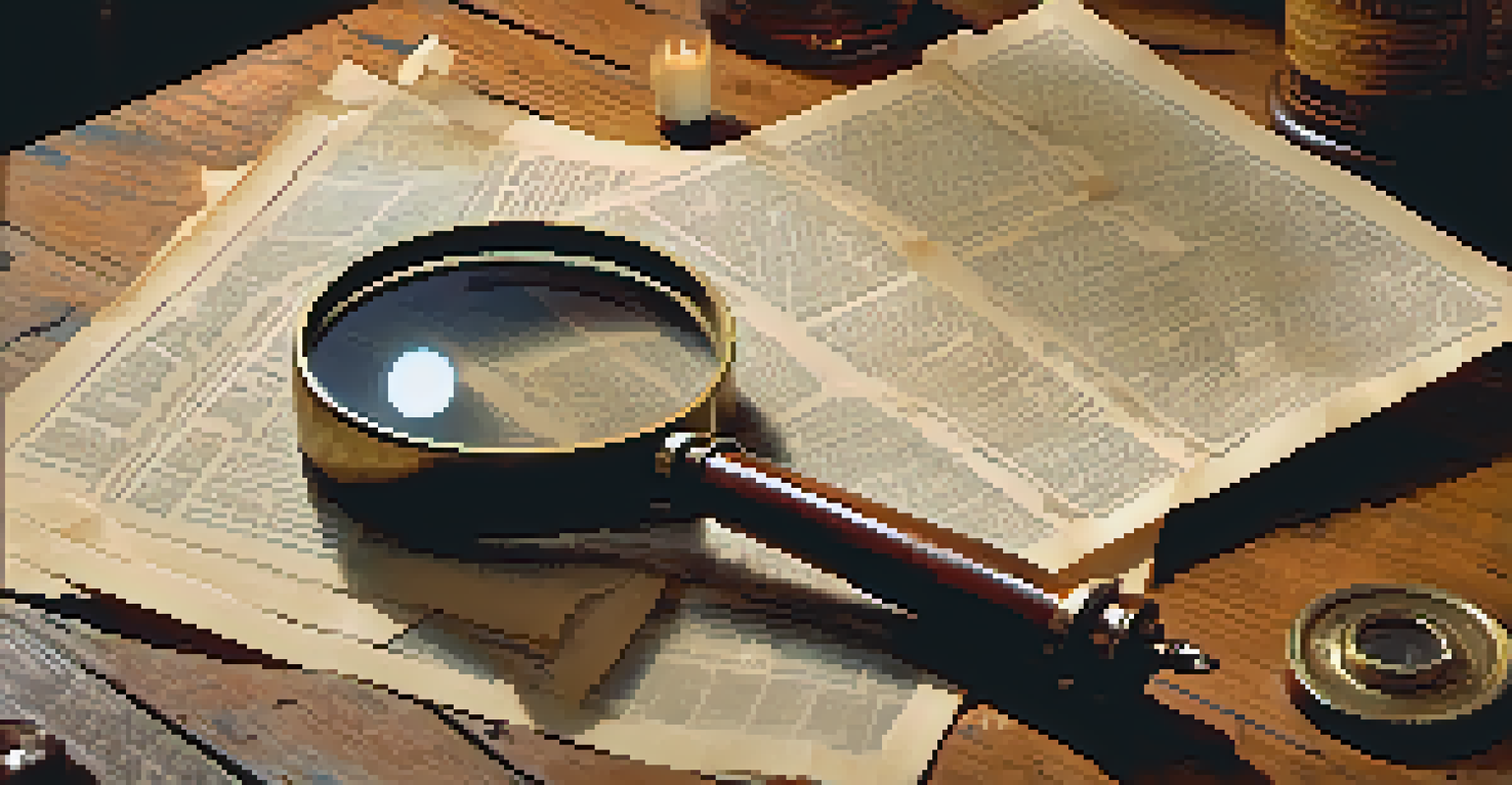 A vintage magnifying glass on an old wooden desk, with scattered papers and a flickering candle, focusing on a faded photograph.