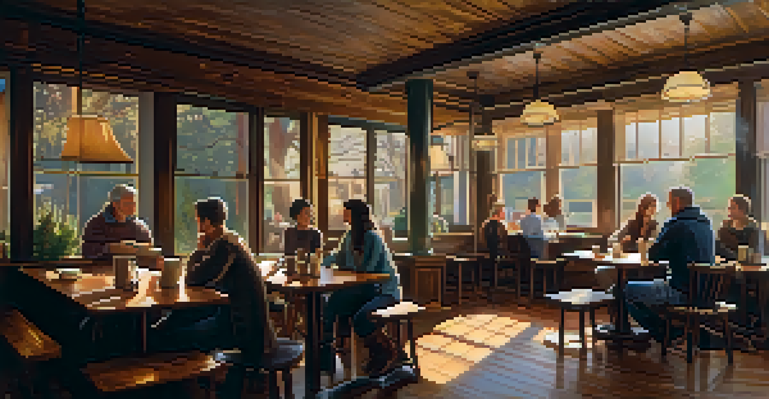 A warm coffee shop with a wooden table, an open book, and a steaming cup of coffee, bathed in soft sunlight.