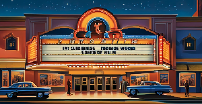 A colorful retro movie theater with a glowing marquee and a diverse crowd of fans in vintage clothing waiting in line.