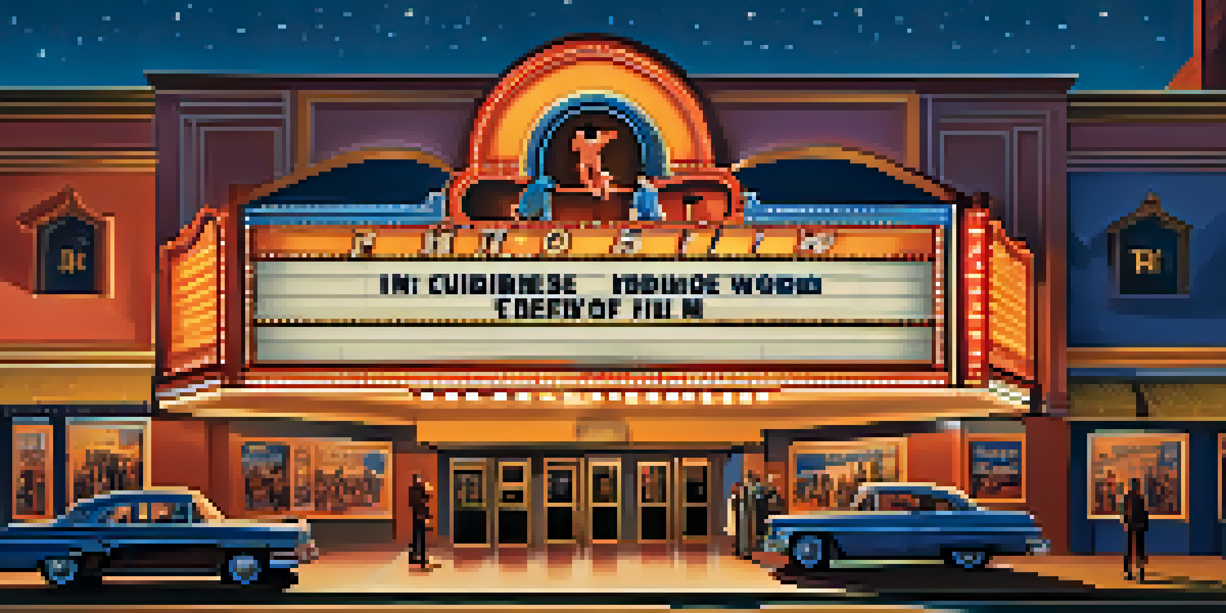 A colorful retro movie theater with a glowing marquee and a diverse crowd of fans in vintage clothing waiting in line.