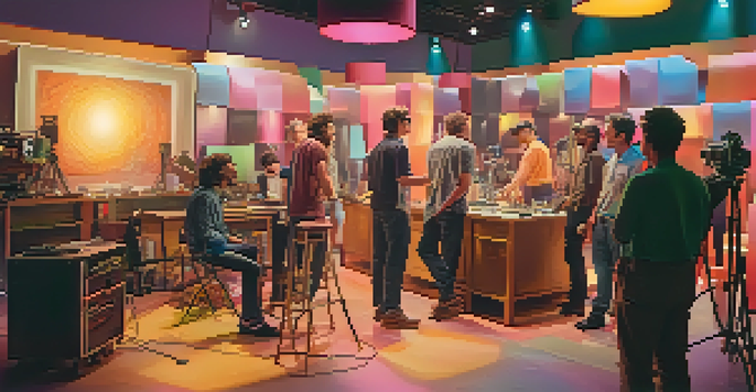 A lively film set showcasing directors and crew members working together, filled with colorful lighting equipment and film props.