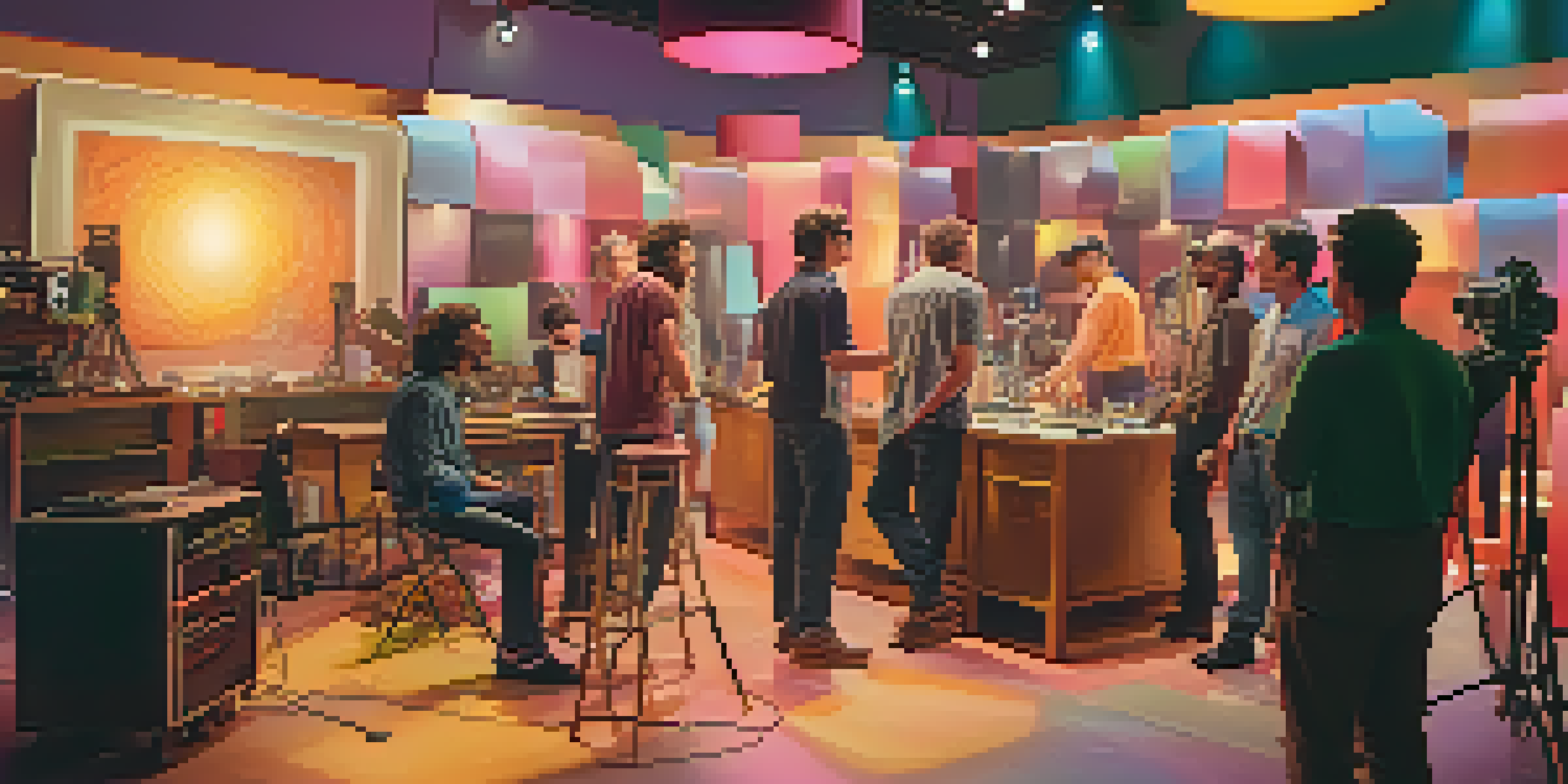 A lively film set showcasing directors and crew members working together, filled with colorful lighting equipment and film props.