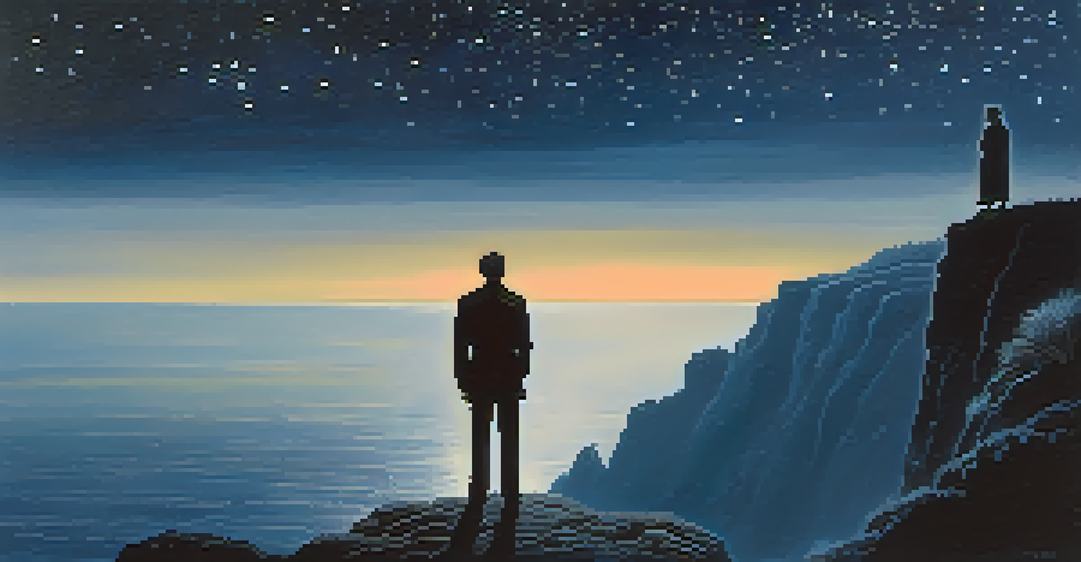 A mysterious silhouette at the edge of a foggy cliff, set against a dark blue night sky with stars, creating a suspenseful atmosphere.
