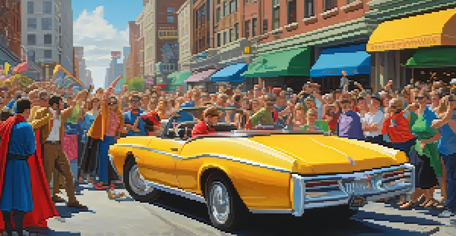 A superhero humorously struggling to lift a heavy car with oversized glasses and a tangled cape, set in a vibrant city street.