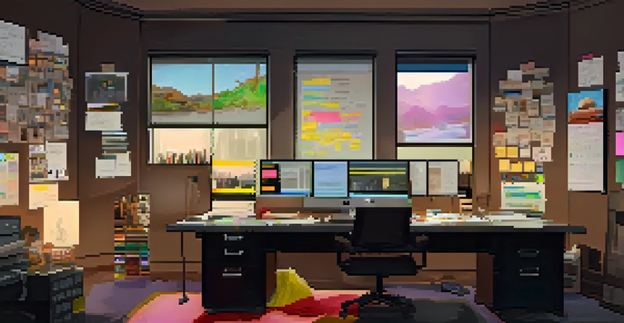 A film editor's workspace with multiple computer screens showing a film timeline, warm lighting, and a cluttered desk with notes and a coffee cup.