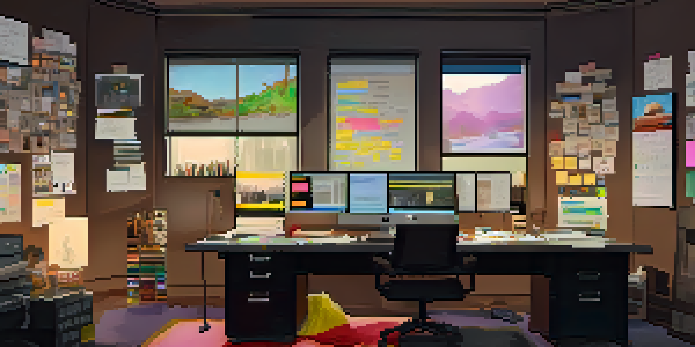 A film editor's workspace with multiple computer screens showing a film timeline, warm lighting, and a cluttered desk with notes and a coffee cup.