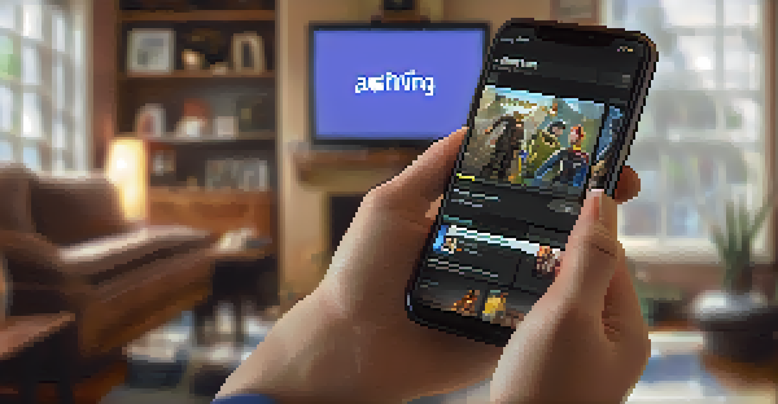 A close-up of a smartphone displaying a social media poll about favorite movie characters, set against a cozy living room backdrop with movie memorabilia.