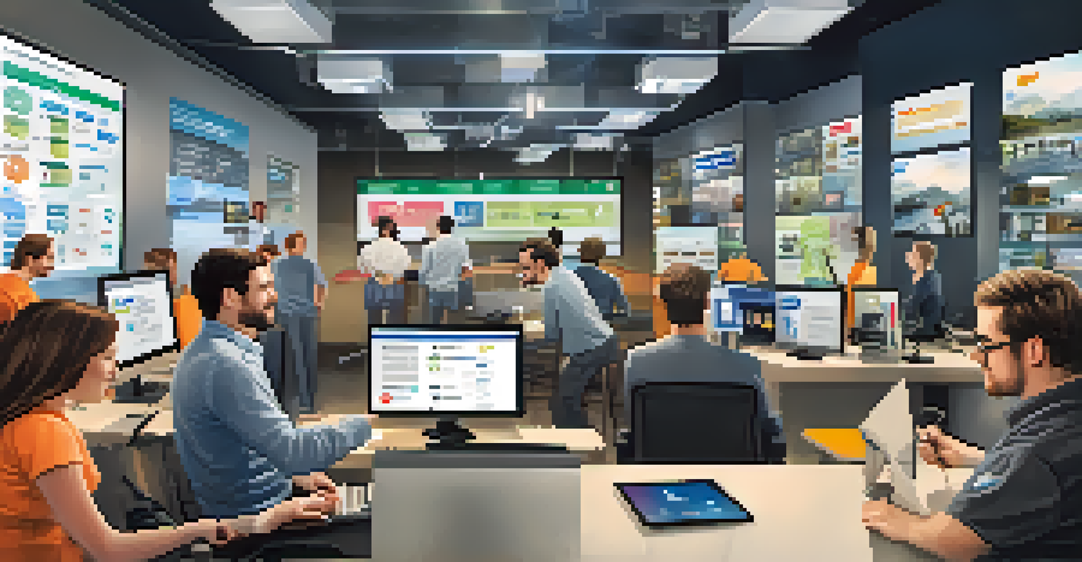 A diverse customer support team engaging with feedback on social media in a bright, modern office.