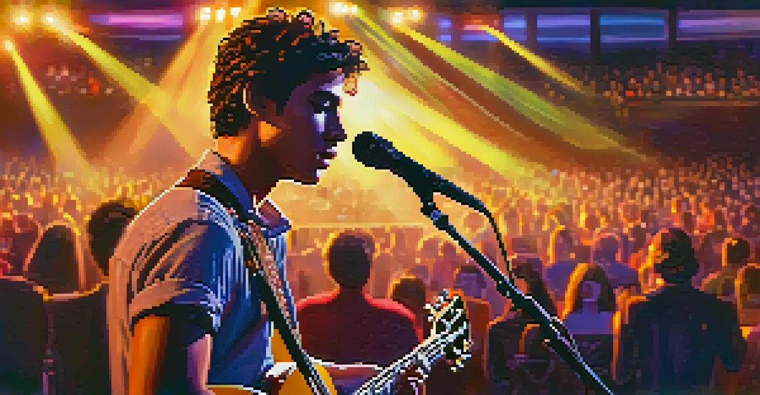 A young musician performing on stage with vibrant lights, expressing emotion while playing the guitar, with a blurred audience in the background.