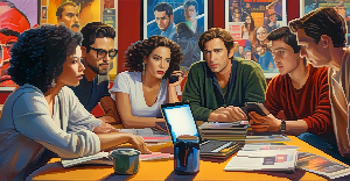 A diverse group of people discussing film criticism at a table with laptops and notebooks in a cozy room decorated with movie posters.